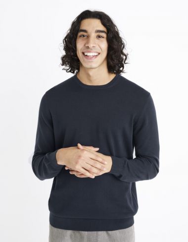 pull col rond 100% coton  - marine