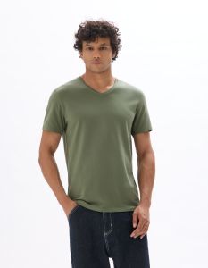 T-shirt slim col v en coton stretch - vert