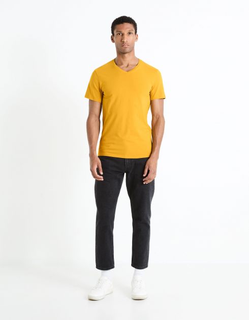 T-shirt col V coton stretch - jaune
