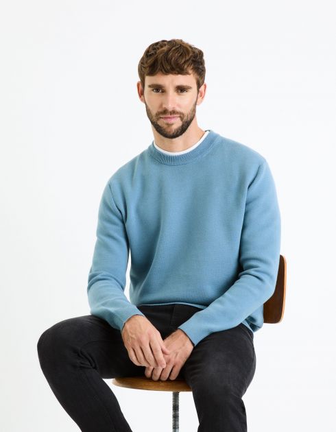 Pull col rond coton mélangé - bleu