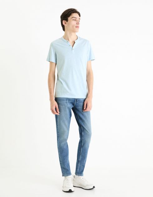 T-shirt col henley coton mélangé -bleu