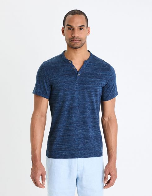 T-shirt col henley coton mélangé -marine