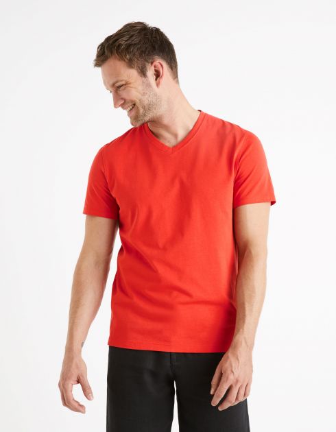 T-shirt col V 100% coton - rouge