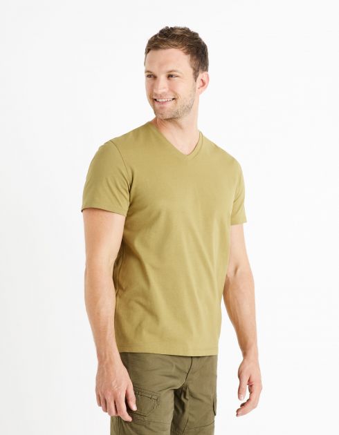 T-shirt col V 100% coton - kaki
