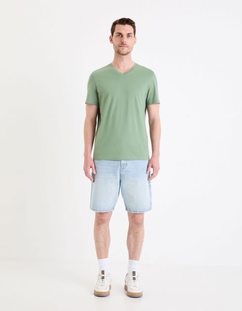 T-shirt col V 100% coton - vert minéral
