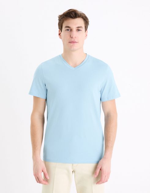 T-shirt col V 100% coton -bleu clair