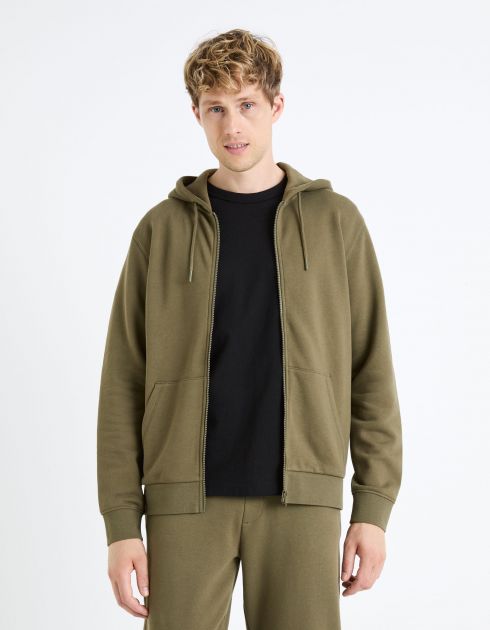 Sweat zippé à capuche 100% coton - kaki