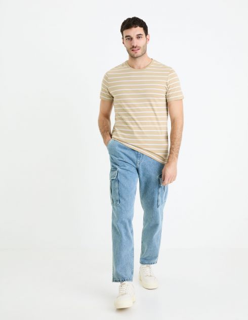 T-shirt straight 100% coton rayé - taupe clair