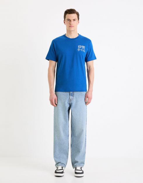 T-shirt col rond imprimé en coton - bleu