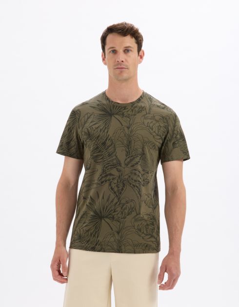 T-shirt regular col rond 100% coton fleuri - kaki