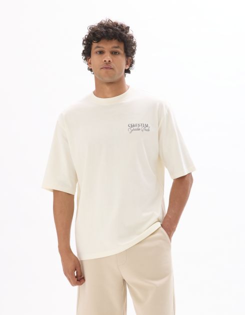 T-shirt oversize col rond 100% coton imprimé astro - écru